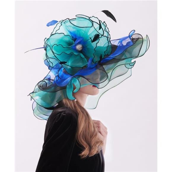 Women\'s Organza Derby Hat Wide Brim Sun Hats Dual-use, Blue and Green